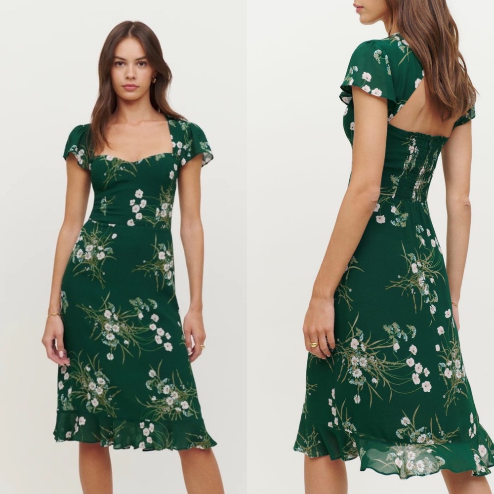 Reformation Midi Dress 6 Green Floral Smocked Back Cutout Ruffle Hem Sweetheart - Picture 1 of 11